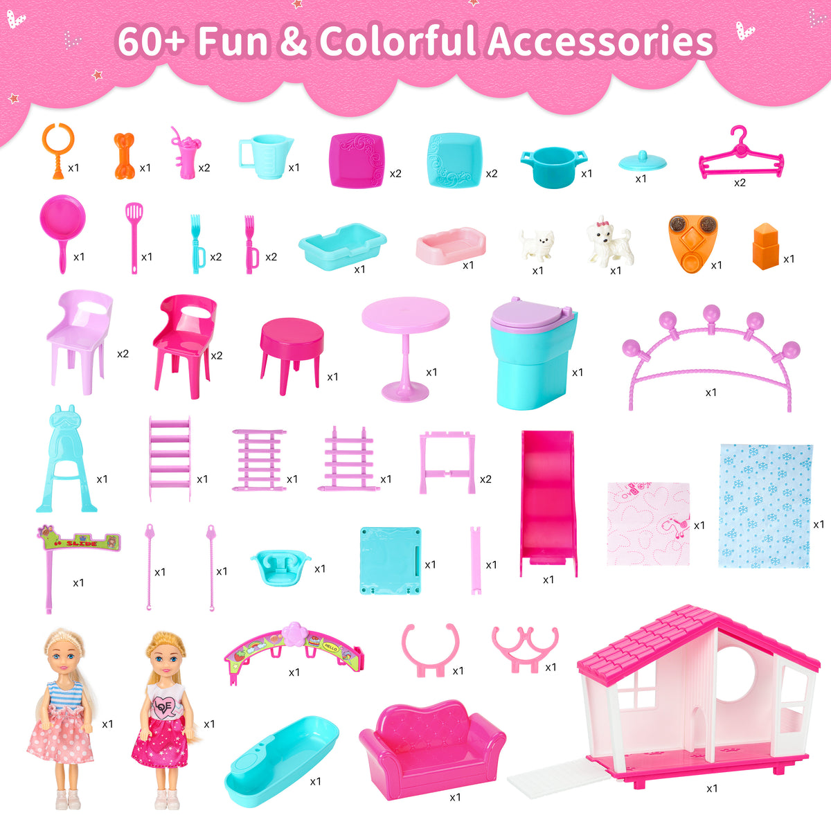 Style Shine Doll House Portable & Foldable Dollhouse w/ 60+ PCS & 2 Dolls