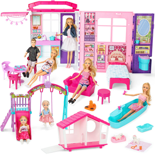 Style Shine Doll House Portable & Foldable Dollhouse w/ 60+ PCS & 2 Dolls