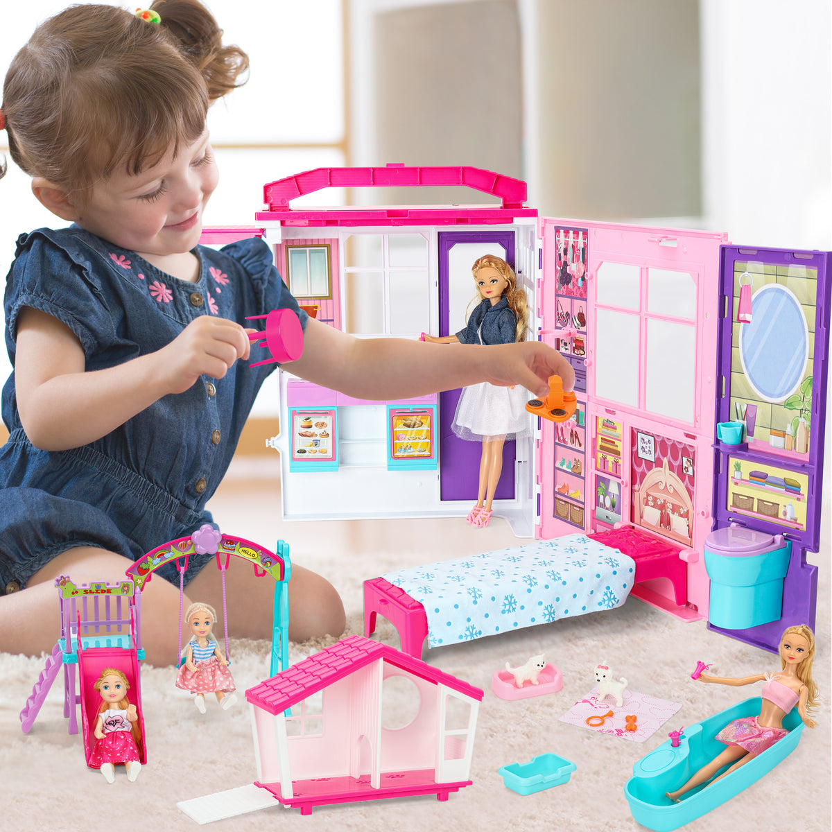 Style Shine Doll House Portable & Foldable Dollhouse w/ 60+ PCS & 2 Dolls