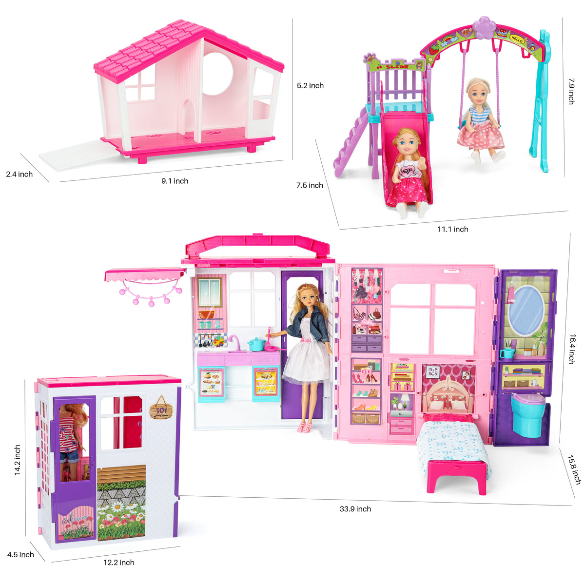 Style Shine Doll House Portable & Foldable Dollhouse w/ 60+ PCS & 2 Dolls